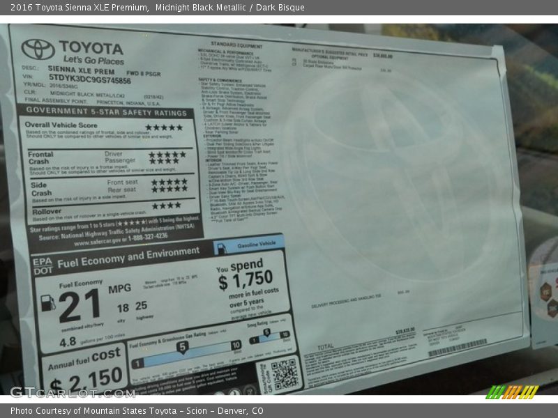 Midnight Black Metallic / Dark Bisque 2016 Toyota Sienna XLE Premium