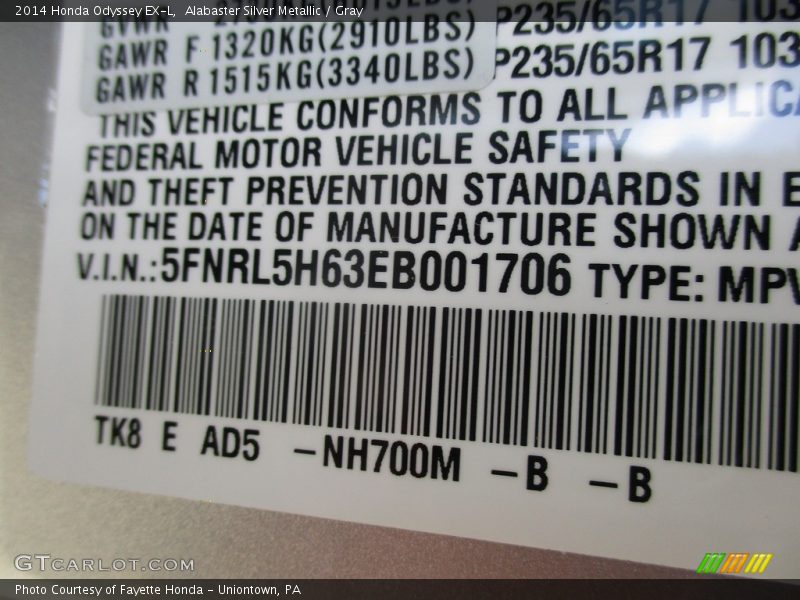 Alabaster Silver Metallic / Gray 2014 Honda Odyssey EX-L