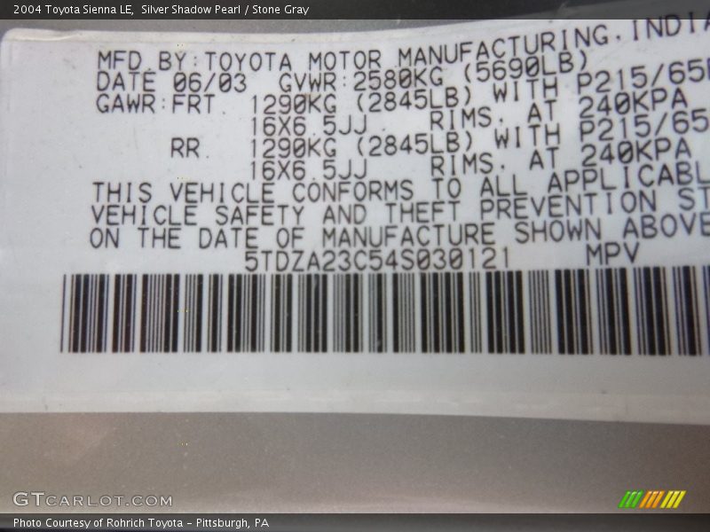 Silver Shadow Pearl / Stone Gray 2004 Toyota Sienna LE