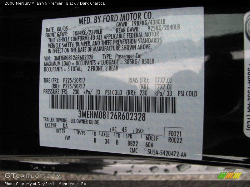 Black / Dark Charcoal 2006 Mercury Milan V6 Premier