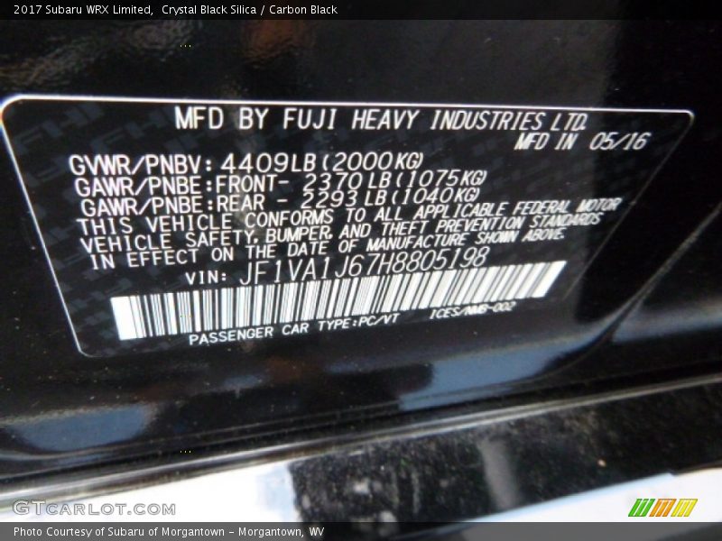 Crystal Black Silica / Carbon Black 2017 Subaru WRX Limited
