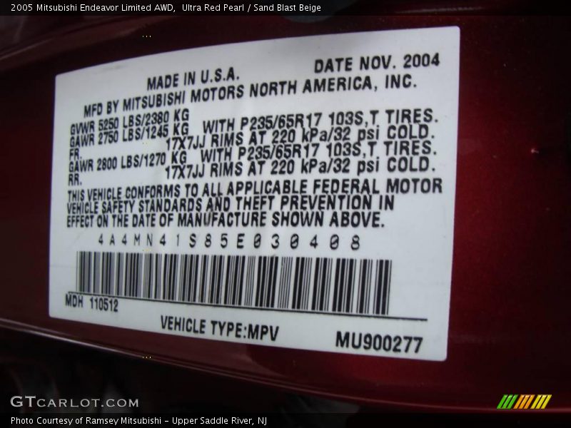 Ultra Red Pearl / Sand Blast Beige 2005 Mitsubishi Endeavor Limited AWD