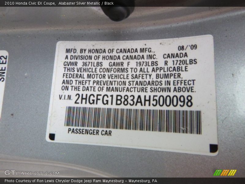 Alabaster Silver Metallic / Black 2010 Honda Civic EX Coupe