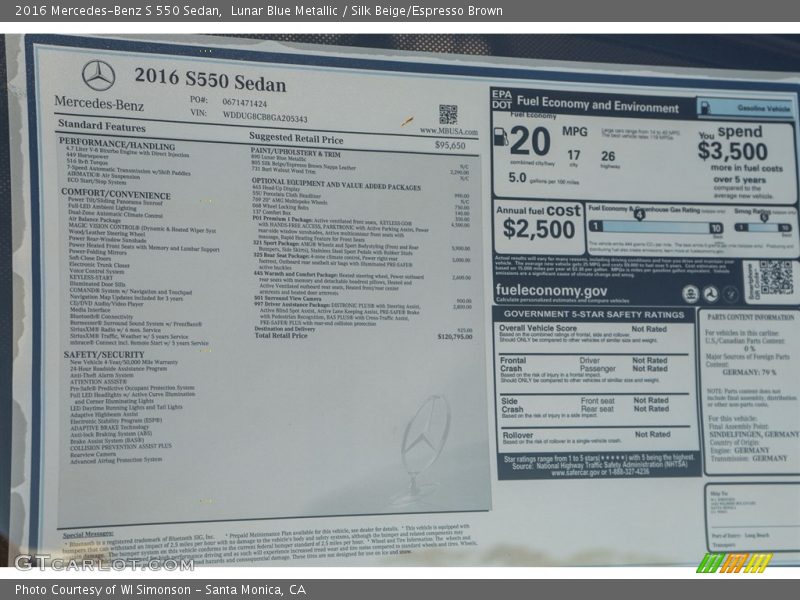 Lunar Blue Metallic / Silk Beige/Espresso Brown 2016 Mercedes-Benz S 550 Sedan