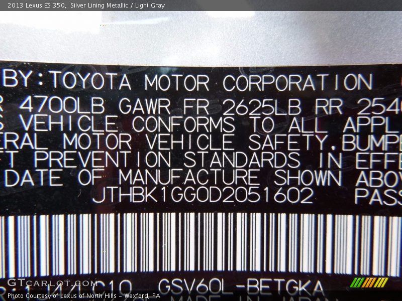 Silver Lining Metallic / Light Gray 2013 Lexus ES 350