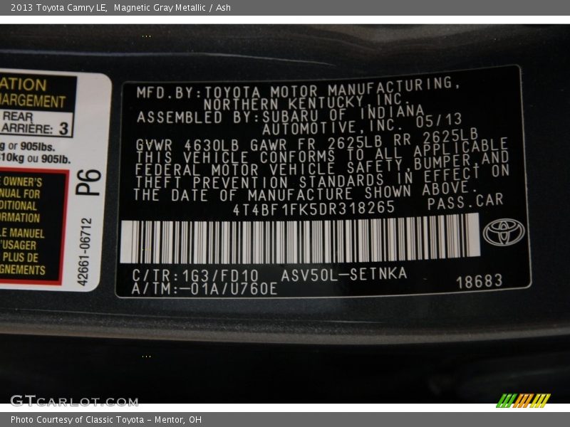 Magnetic Gray Metallic / Ash 2013 Toyota Camry LE