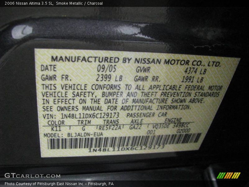Smoke Metallic / Charcoal 2006 Nissan Altima 3.5 SL