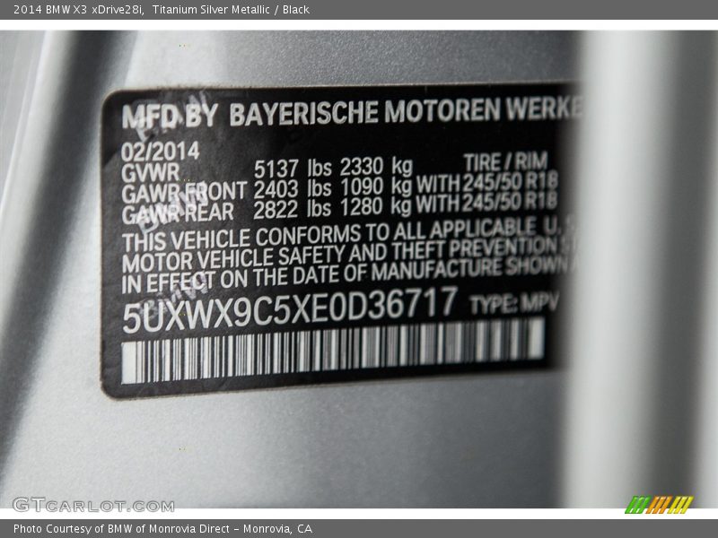 Titanium Silver Metallic / Black 2014 BMW X3 xDrive28i