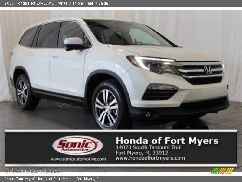 White Diamond Pearl / Beige 2016 Honda Pilot EX-L AWD