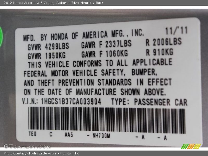Alabaster Silver Metallic / Black 2012 Honda Accord LX-S Coupe