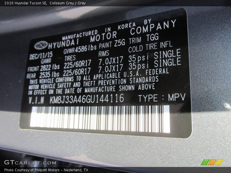 Coliseum Grey / Gray 2016 Hyundai Tucson SE