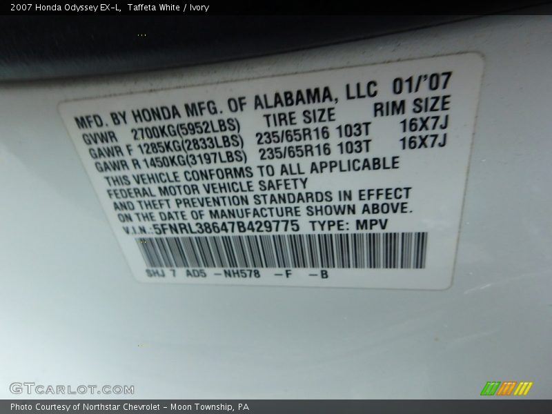 Taffeta White / Ivory 2007 Honda Odyssey EX-L