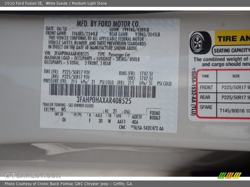 White Suede / Medium Light Stone 2010 Ford Fusion SE