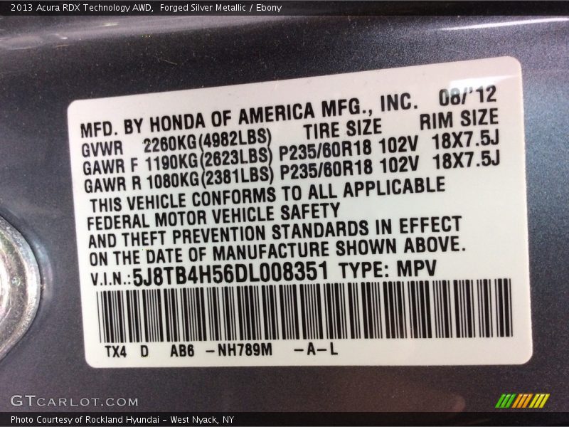 Forged Silver Metallic / Ebony 2013 Acura RDX Technology AWD
