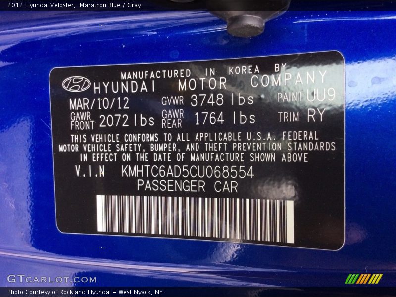 Marathon Blue / Gray 2012 Hyundai Veloster