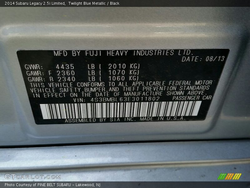 Twilight Blue Metallic / Black 2014 Subaru Legacy 2.5i Limited