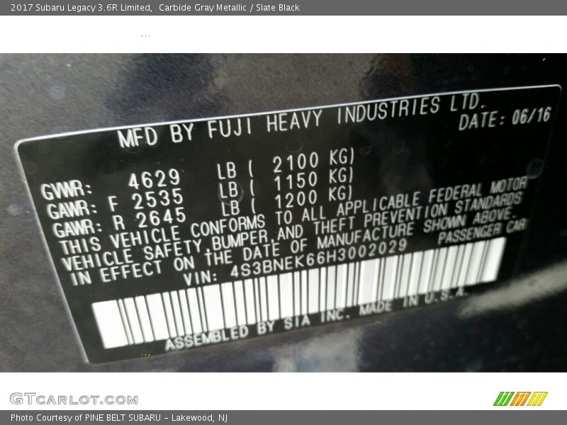 Carbide Gray Metallic / Slate Black 2017 Subaru Legacy 3.6R Limited