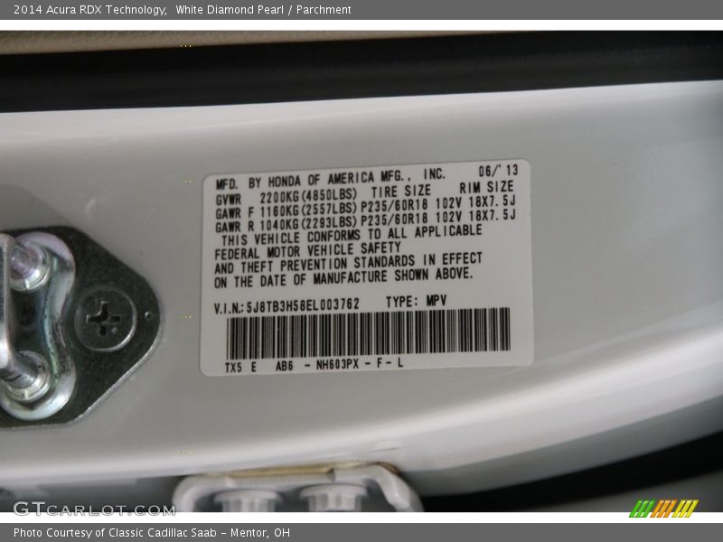 White Diamond Pearl / Parchment 2014 Acura RDX Technology
