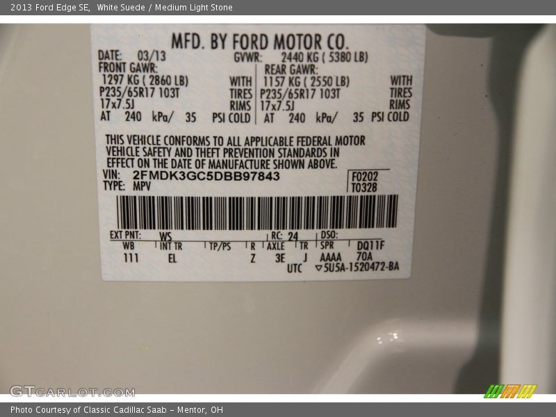 White Suede / Medium Light Stone 2013 Ford Edge SE
