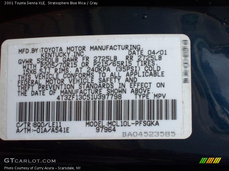 Stratosphere Blue Mica / Gray 2001 Toyota Sienna XLE
