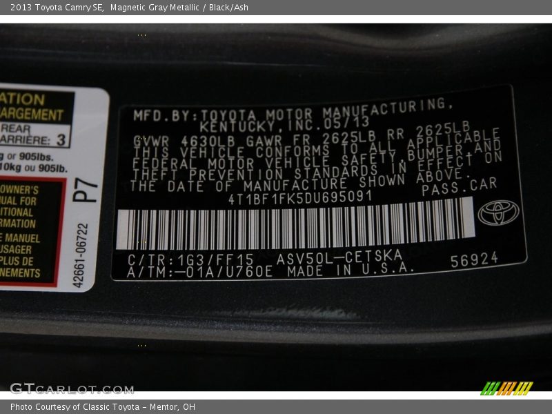 Magnetic Gray Metallic / Black/Ash 2013 Toyota Camry SE