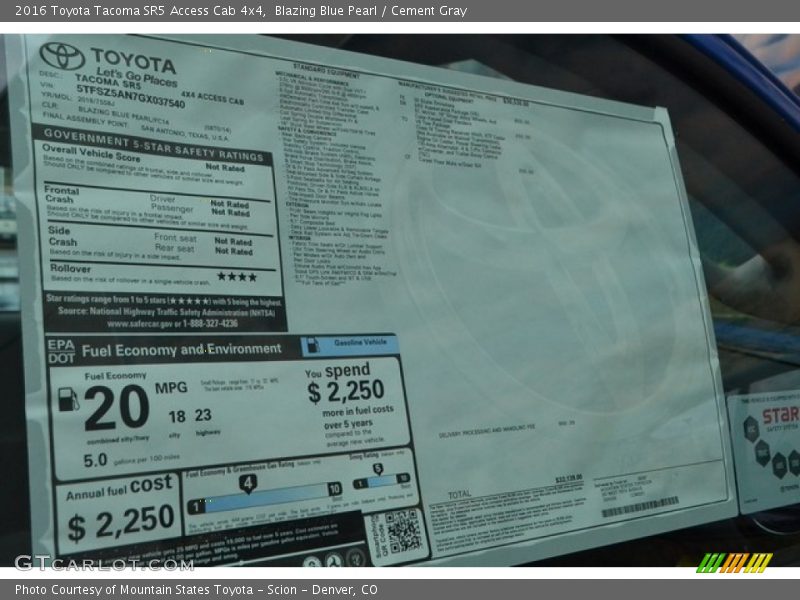 Blazing Blue Pearl / Cement Gray 2016 Toyota Tacoma SR5 Access Cab 4x4