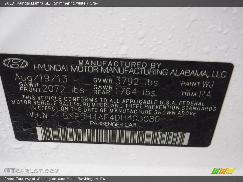 Shimmering White / Gray 2013 Hyundai Elantra GLS
