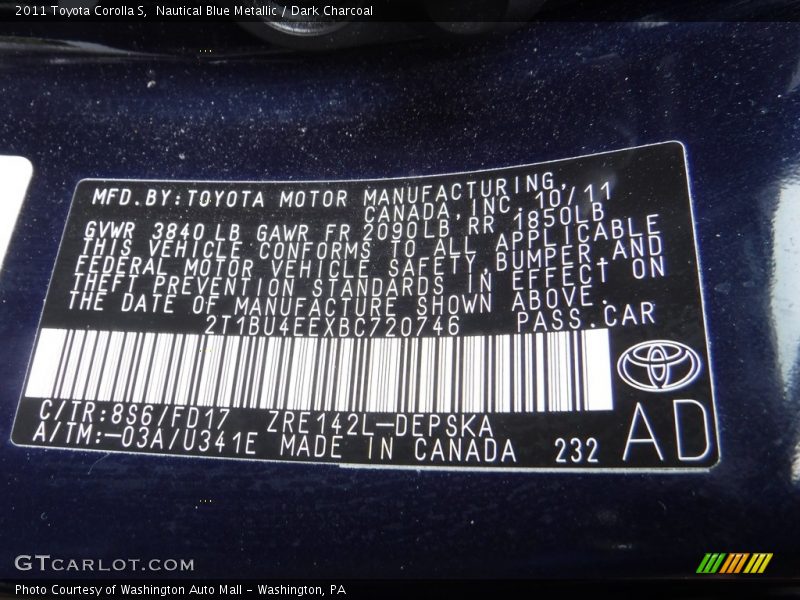 Nautical Blue Metallic / Dark Charcoal 2011 Toyota Corolla S