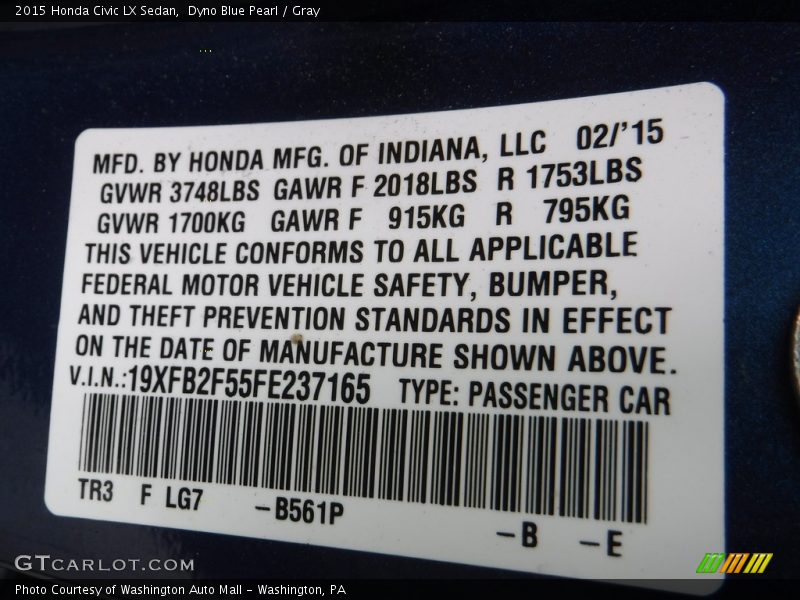 Dyno Blue Pearl / Gray 2015 Honda Civic LX Sedan