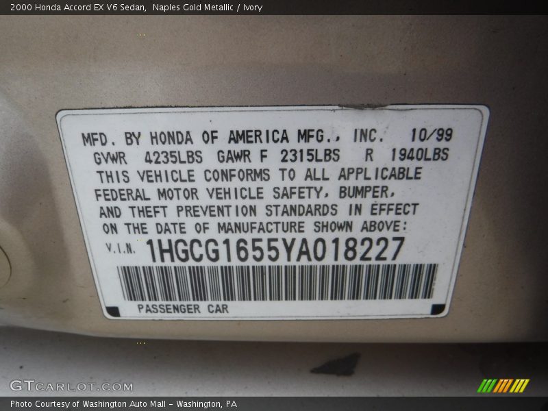 Naples Gold Metallic / Ivory 2000 Honda Accord EX V6 Sedan