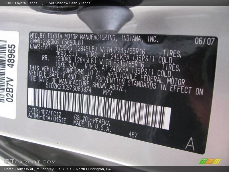 Silver Shadow Pearl / Stone 2007 Toyota Sienna LE