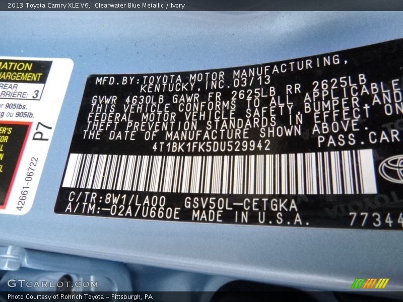 Clearwater Blue Metallic / Ivory 2013 Toyota Camry XLE V6