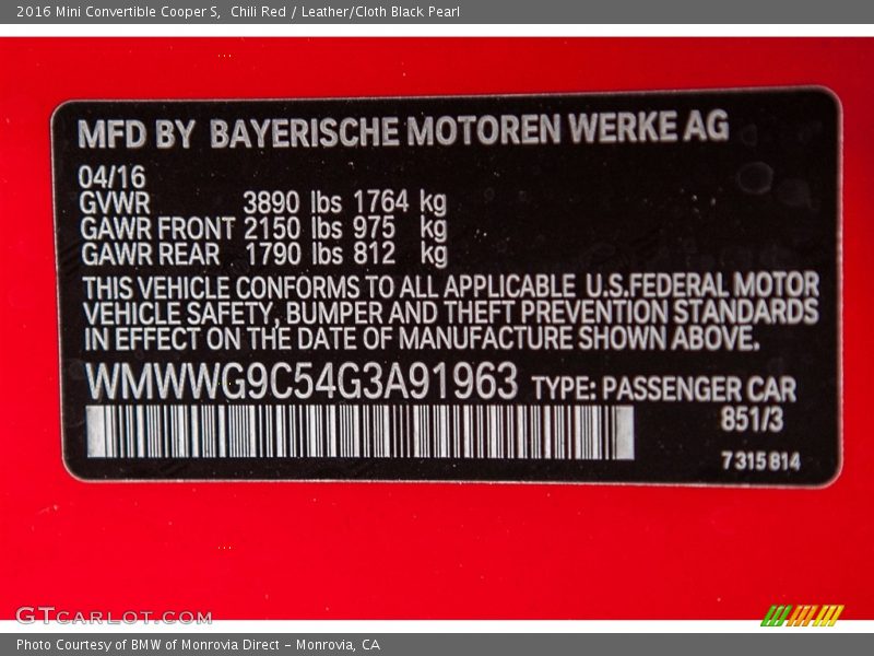 2016 Convertible Cooper S Chili Red Color Code 851