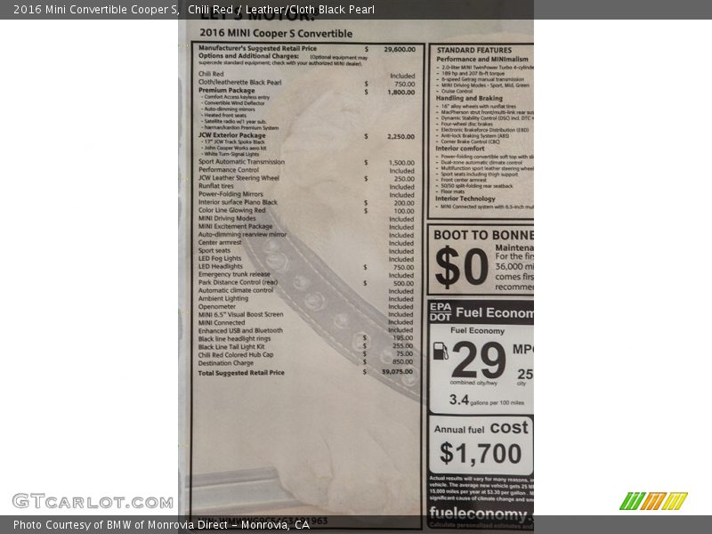  2016 Convertible Cooper S Window Sticker