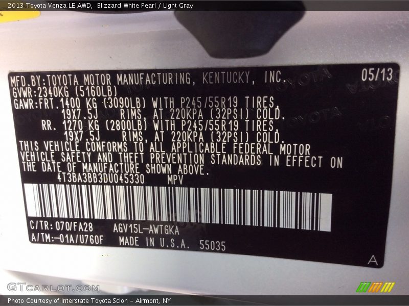 Blizzard White Pearl / Light Gray 2013 Toyota Venza LE AWD