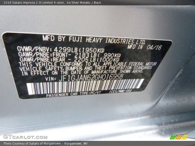 Ice Silver Metallic / Black 2016 Subaru Impreza 2.0i Limited 4-door