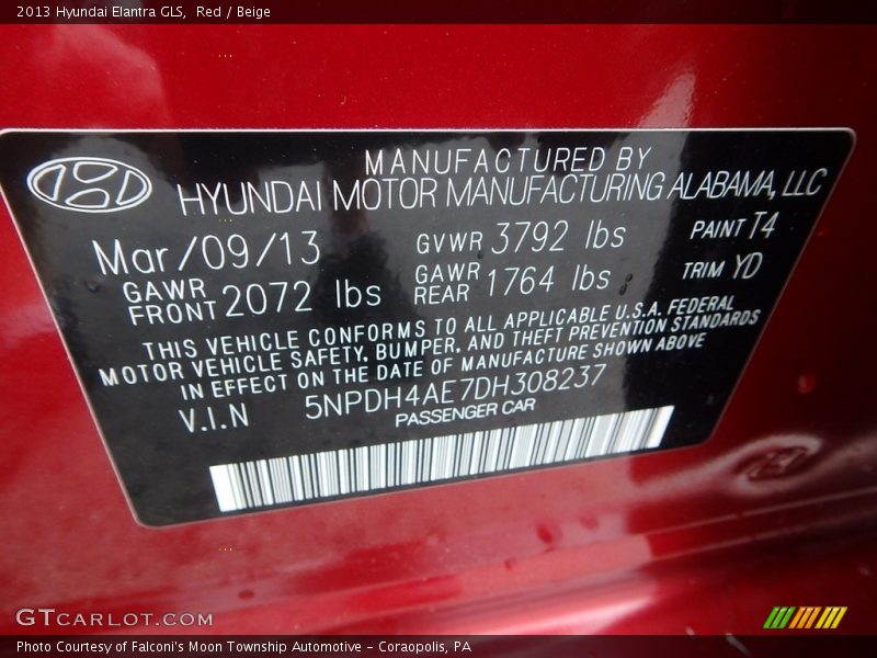 Red / Beige 2013 Hyundai Elantra GLS