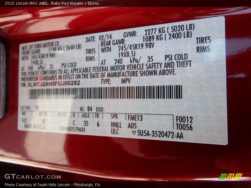 Ruby Red Metallic / Ebony 2015 Lincoln MKC AWD