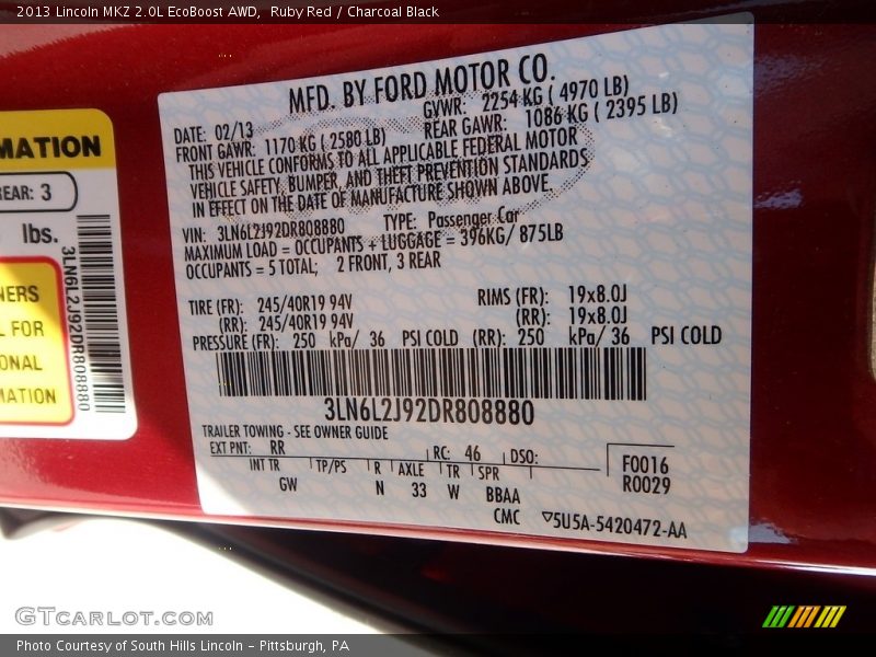 Ruby Red / Charcoal Black 2013 Lincoln MKZ 2.0L EcoBoost AWD