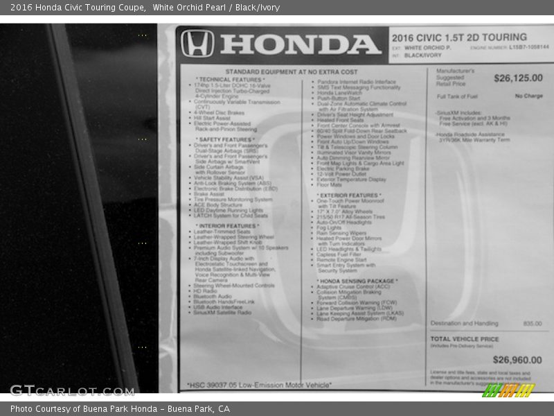 White Orchid Pearl / Black/Ivory 2016 Honda Civic Touring Coupe