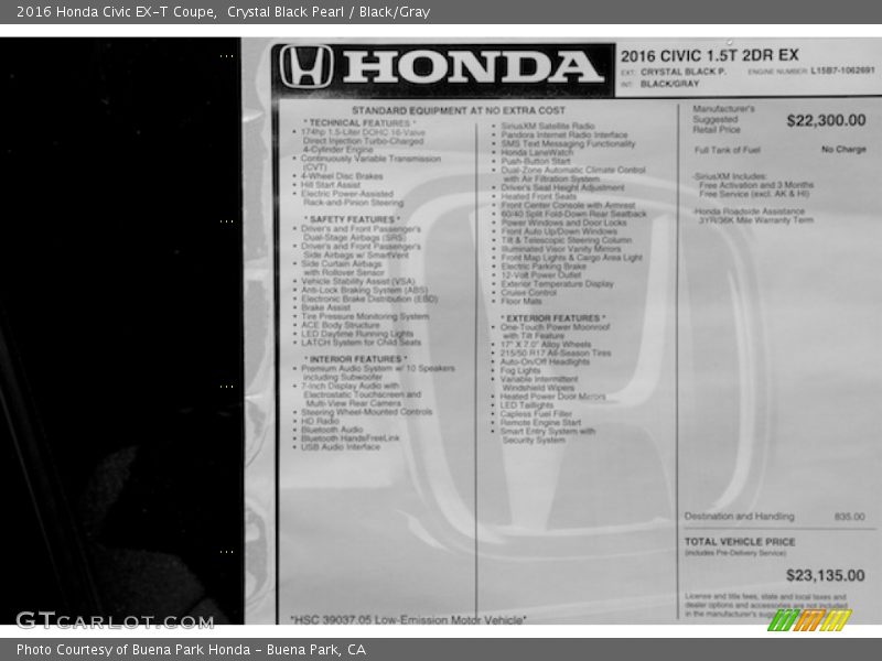 Crystal Black Pearl / Black/Gray 2016 Honda Civic EX-T Coupe