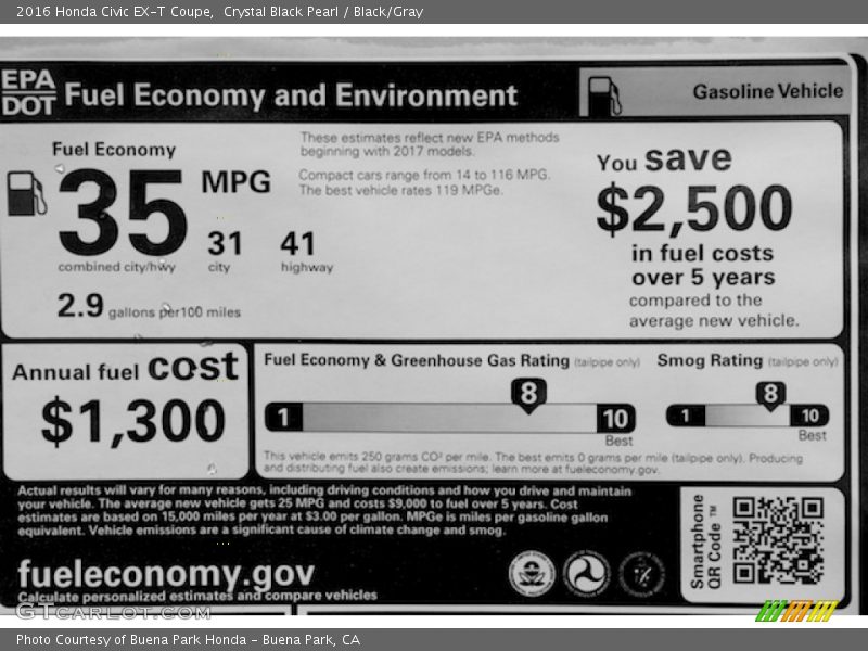 Crystal Black Pearl / Black/Gray 2016 Honda Civic EX-T Coupe