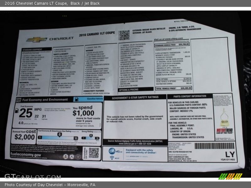  2016 Camaro LT Coupe Window Sticker