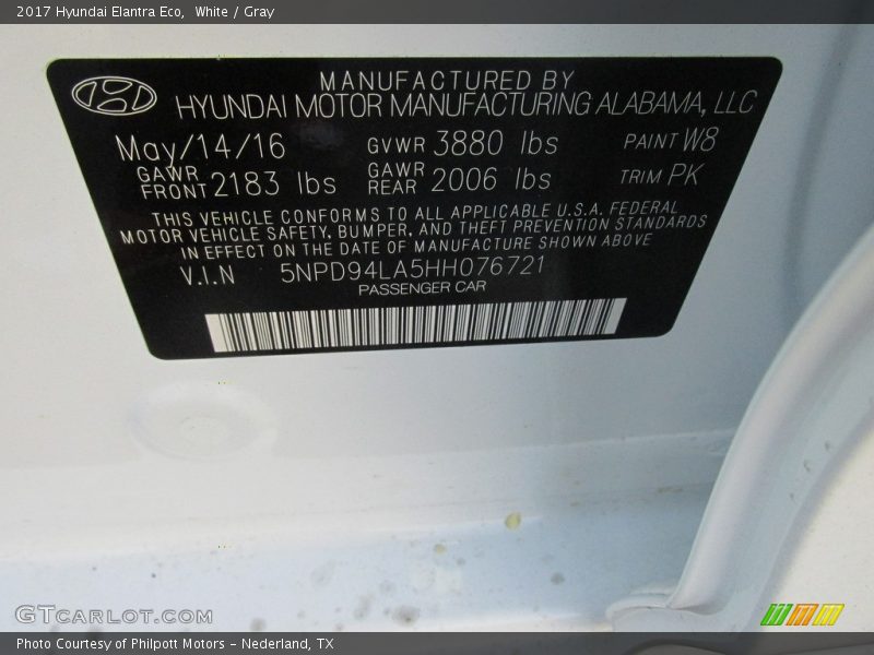2017 Elantra Eco White Color Code W8