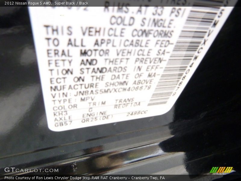 Super Black / Black 2012 Nissan Rogue S AWD