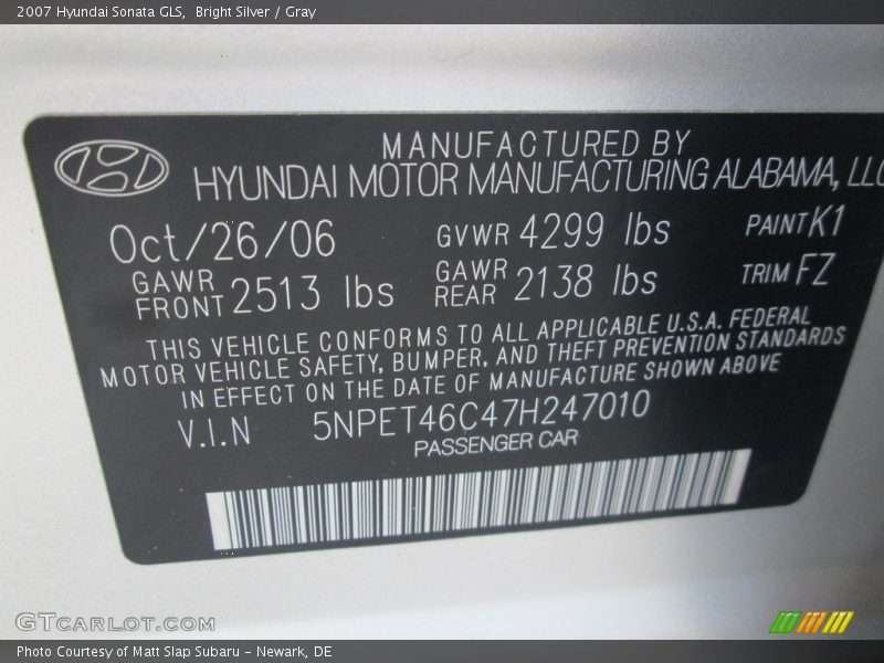 Bright Silver / Gray 2007 Hyundai Sonata GLS