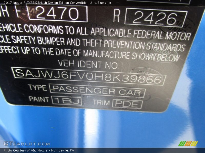 2017 F-TYPE S British Design Edition Convertible Ultra Blue Color Code 1BJ