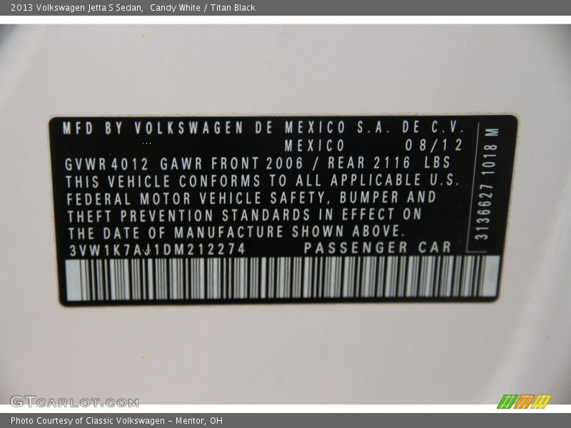 Candy White / Titan Black 2013 Volkswagen Jetta S Sedan