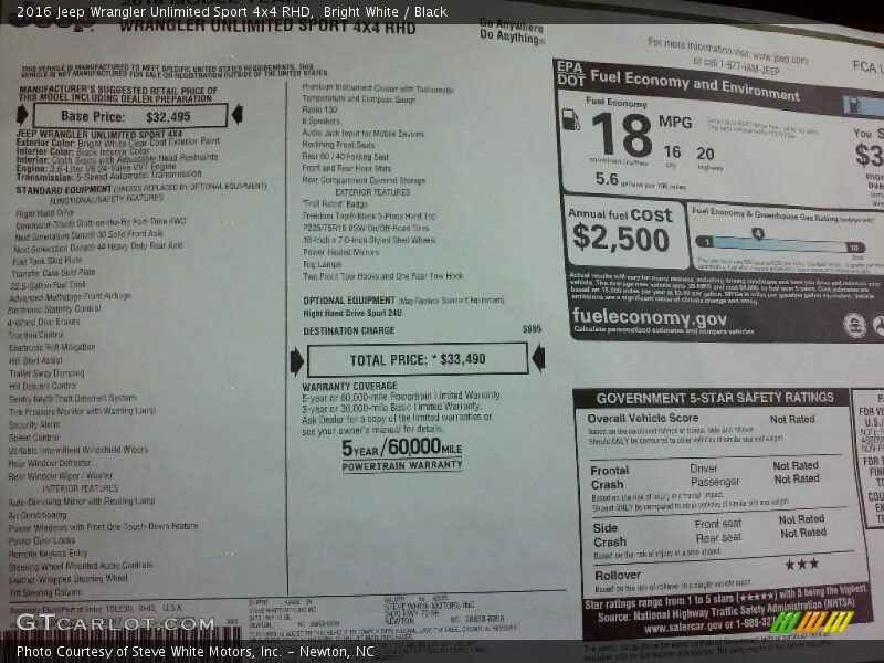 Bright White / Black 2016 Jeep Wrangler Unlimited Sport 4x4 RHD
