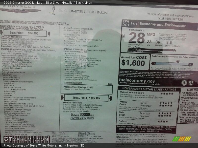 Billet Silver Metallic / Black/Linen 2016 Chrysler 200 Limited
